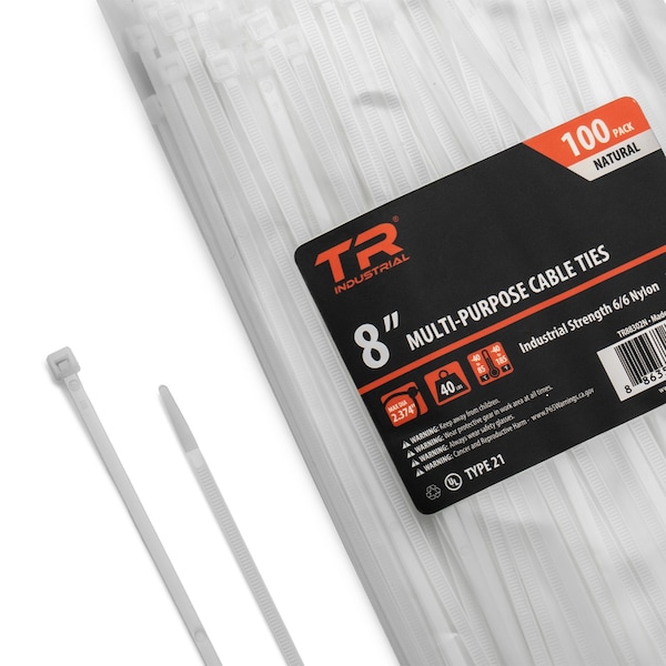 Cable Tie, 8 in L, Natural, Nylon 6/6, 40 lb Strength, 300 PK